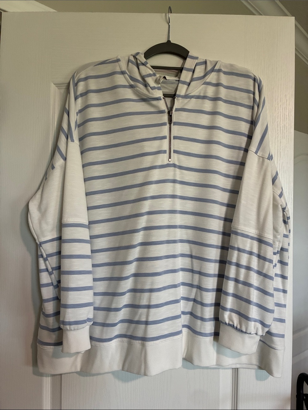 Relaxed Half-Zip Hoodie in White and Light Blue Stripes